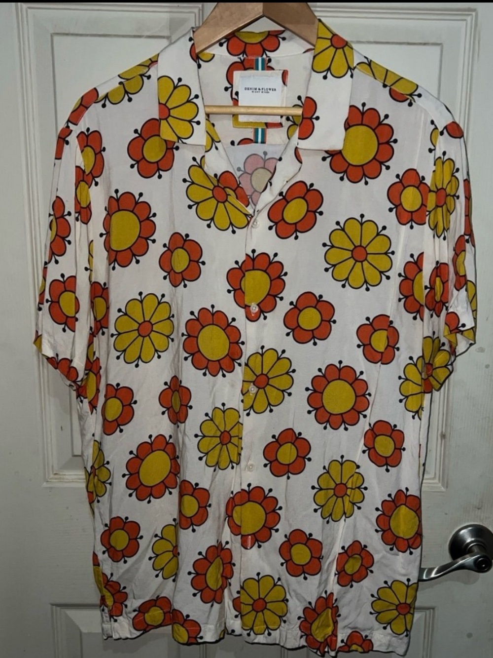 Denim & Flower White Short-Sleeve Button-Down with Yellow & Orange Floral Print